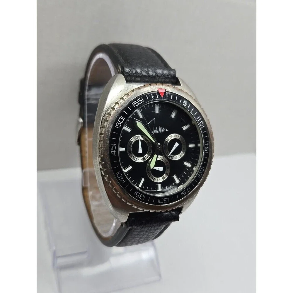 John Weitz JW209 Mens Day Date 24 Hour Black Dial Leather Wristwatch New Battery